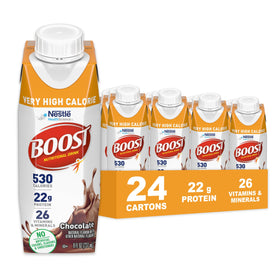 BOOST Very High Calorie Drink bottle, chocolate flavor, supports weight gain.