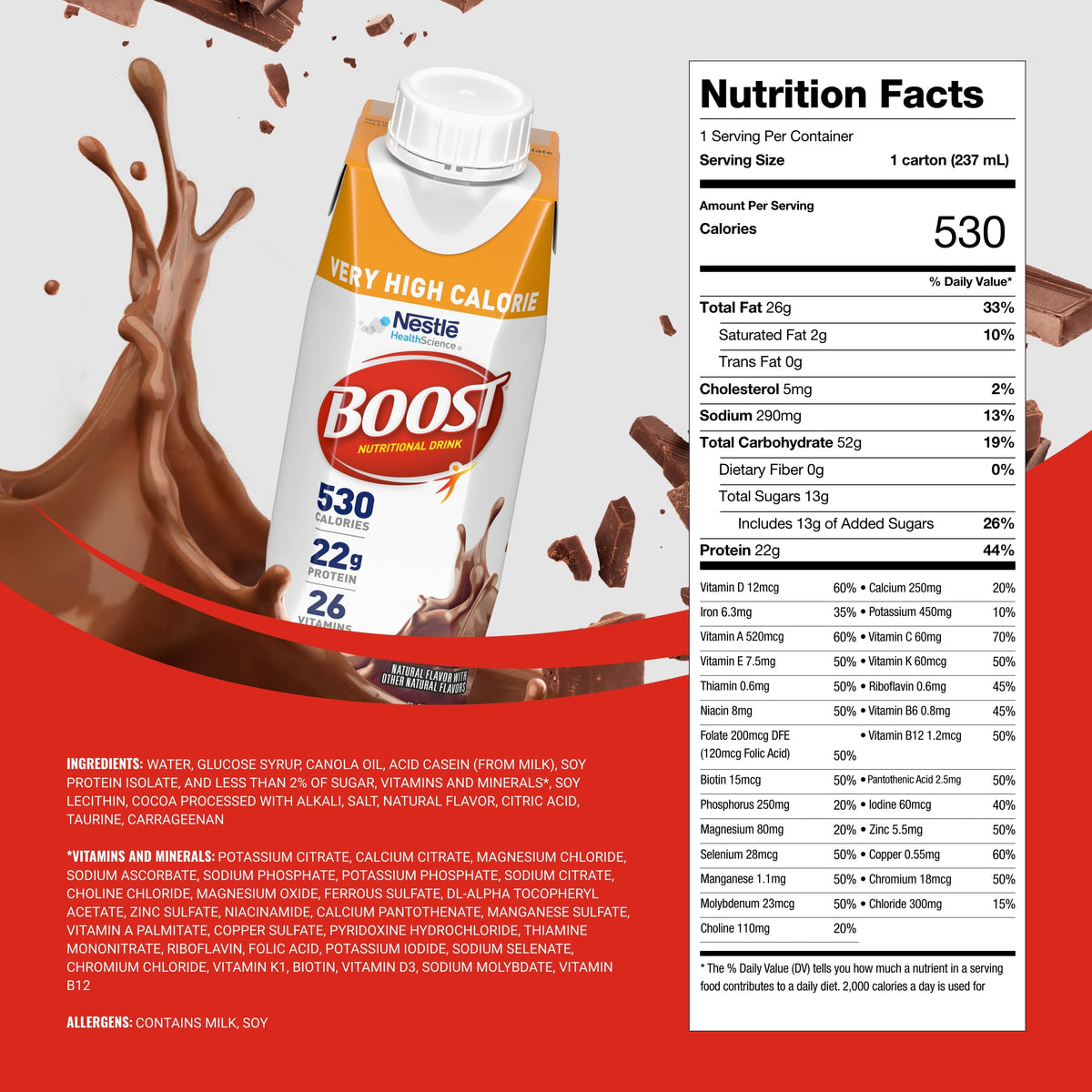 BOOST Very High Calorie Drink glass pouring chocolate shake for convenient on-the-go nourishment.