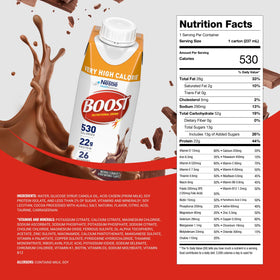 BOOST Very High Calorie Drink glass pouring chocolate shake for convenient on-the-go nourishment.
