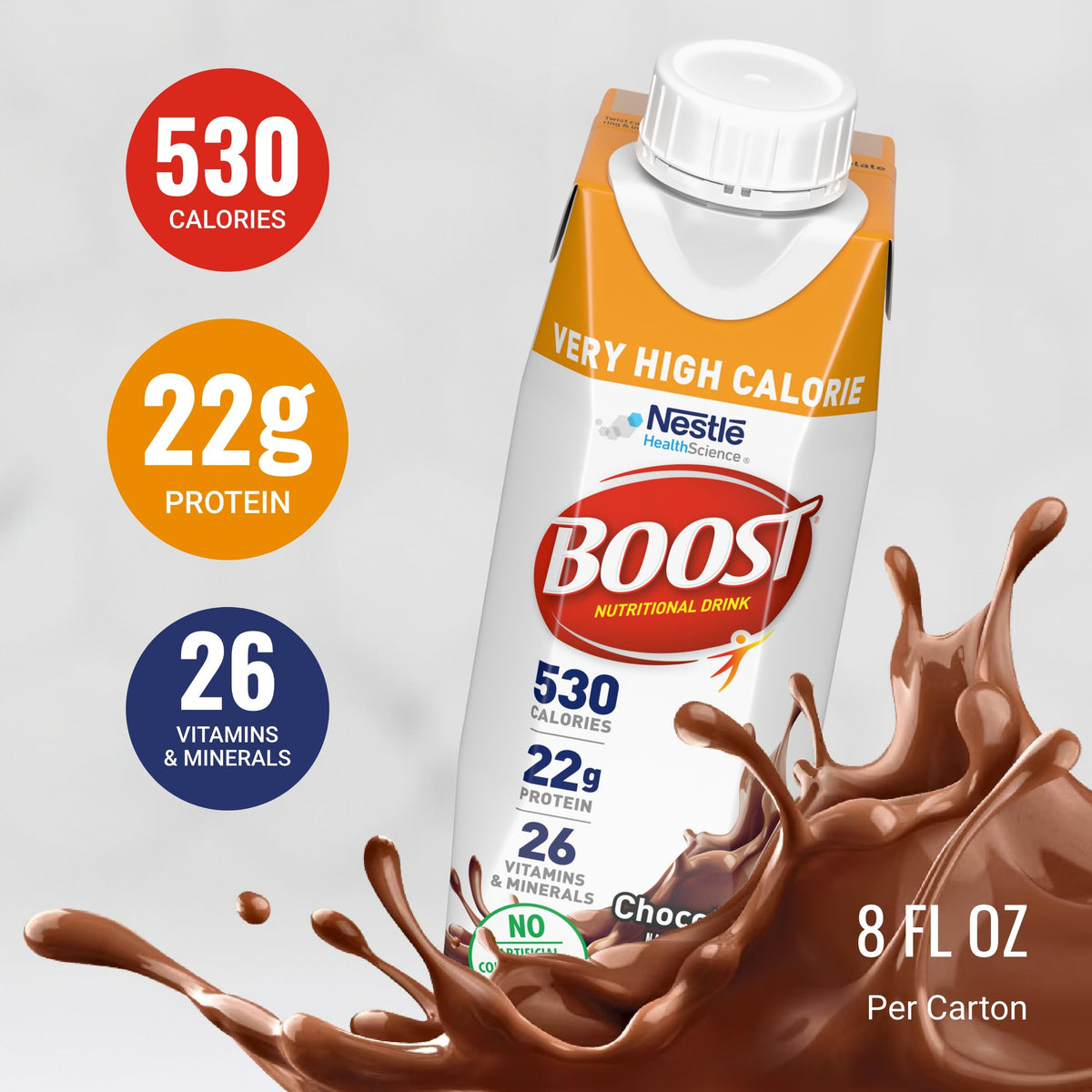 BOOST Very High Calorie Drink nutrition label close-up showing vitamins and minerals.