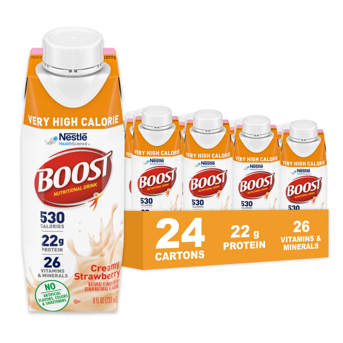 BOOST Very High Calorie Drink packaging shown, highlighting convenient multi-pack for steady nutrition.