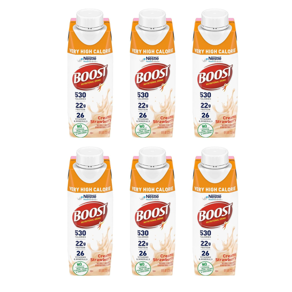 BOOST Very High Calorie Drink vanilla bottle highlights dense nutrition and flavor