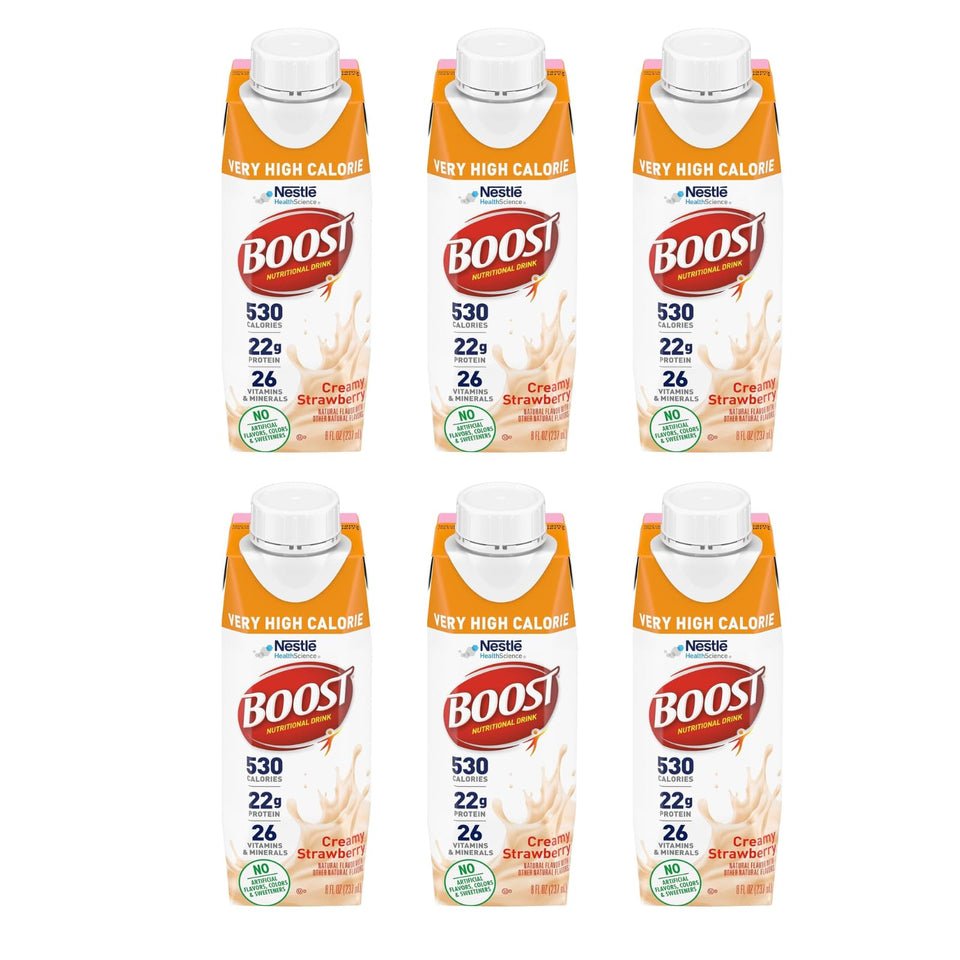 BOOST Very High Calorie Drink vanilla bottle highlights dense nutrition and flavor
