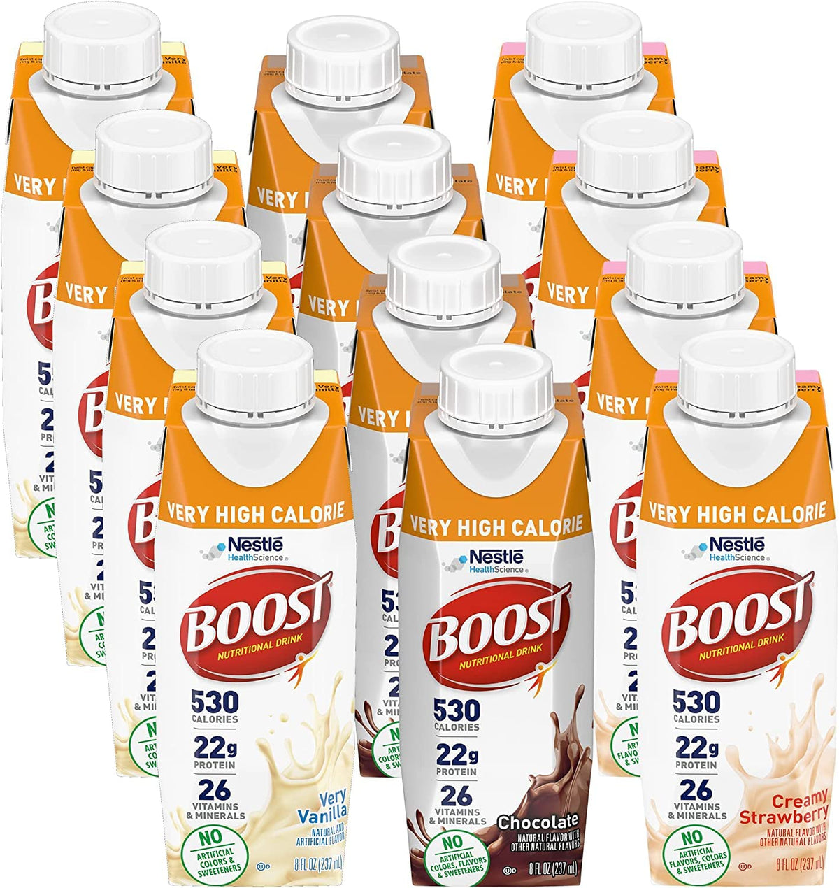 BOOST Very High Calorie Drink vanilla bottle demonstrates energy-dense nutrition for on-the-go use.