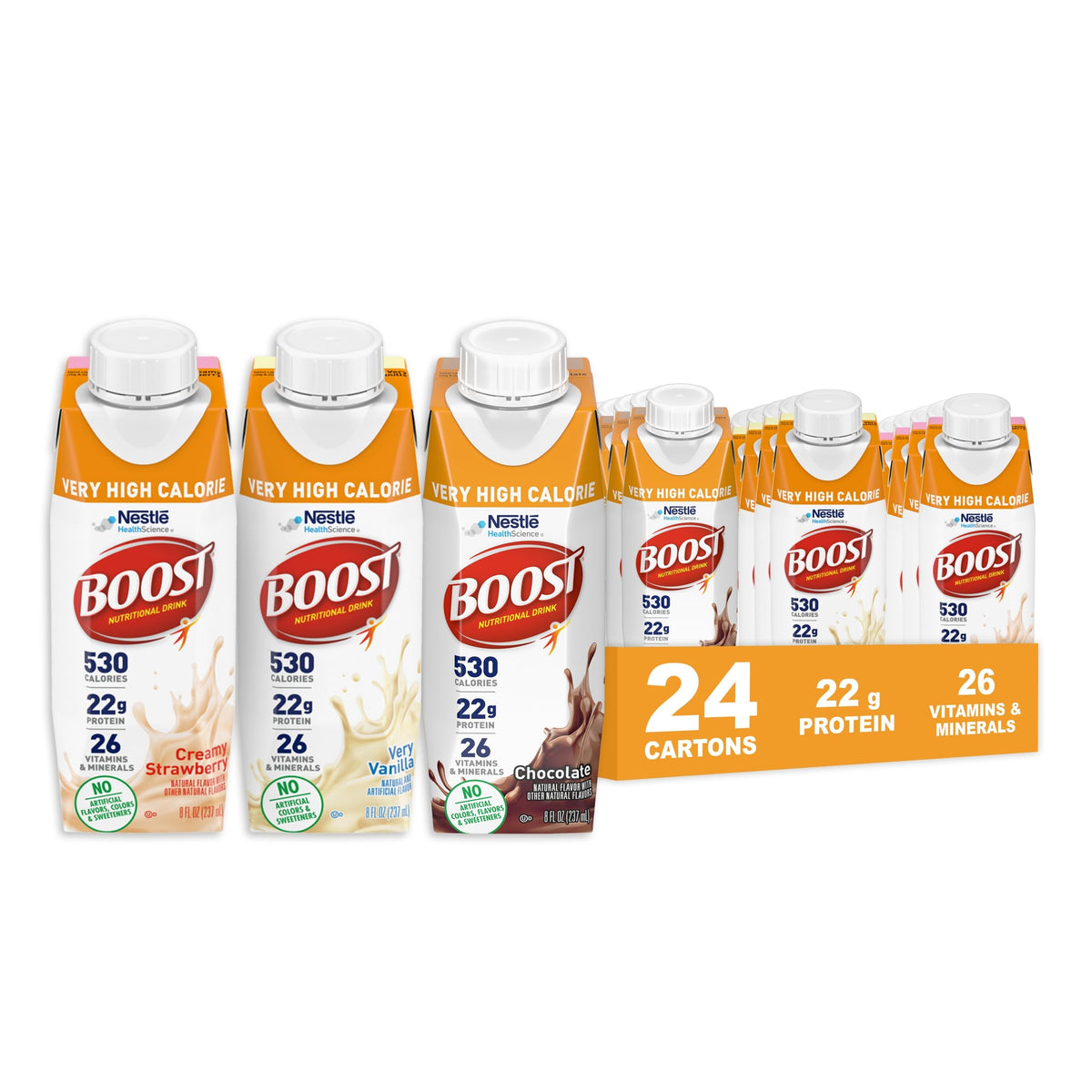 BOOST Very High Calorie Drink vanilla bottle demonstrates energy-dense nutrition for weight support.