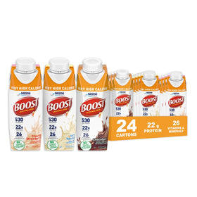 BOOST Very High Calorie Drink vanilla bottle demonstrates energy-dense nutrition for weight support.