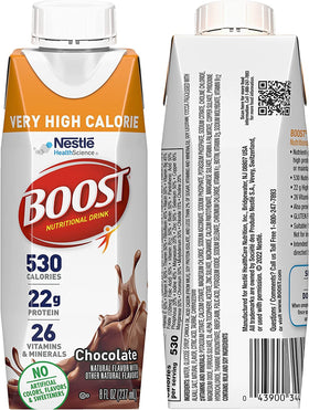 BOOST Very High Calorie Drink vanilla glass shows creamy texture ideal for a quick snack.