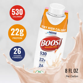 BOOST Very High Calorie Drink served over ice for a smoother, lighter sip.