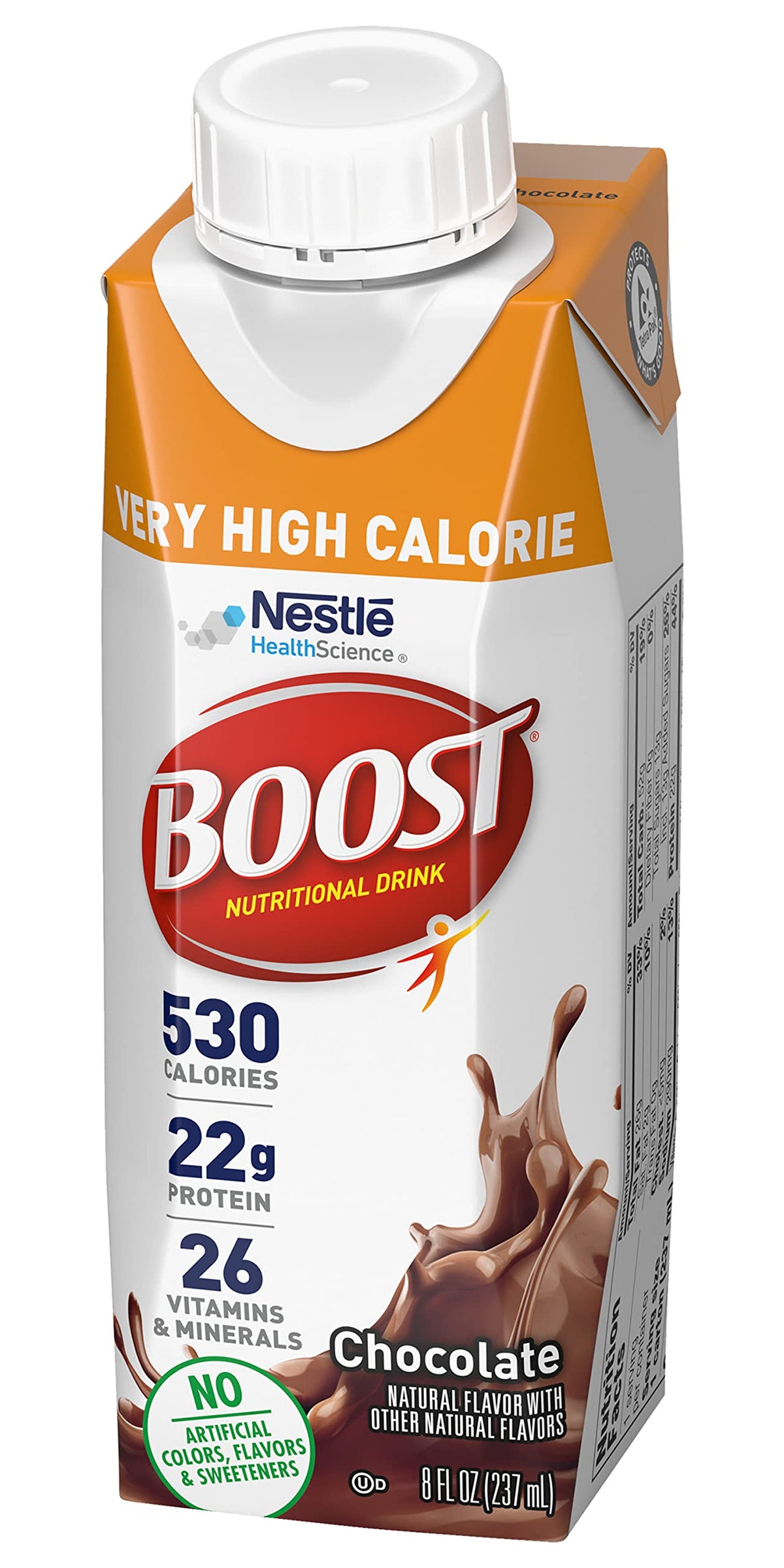 BOOST Very High Calorie pour into glass demonstrates a mini-meal option.