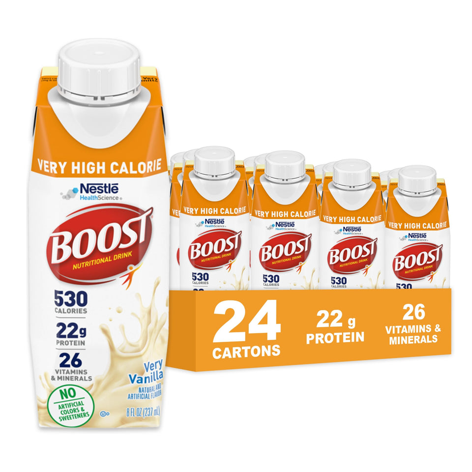 BOOST Very High Calorie Vanilla bottle front, calorie-dense nutrition for weight goals.