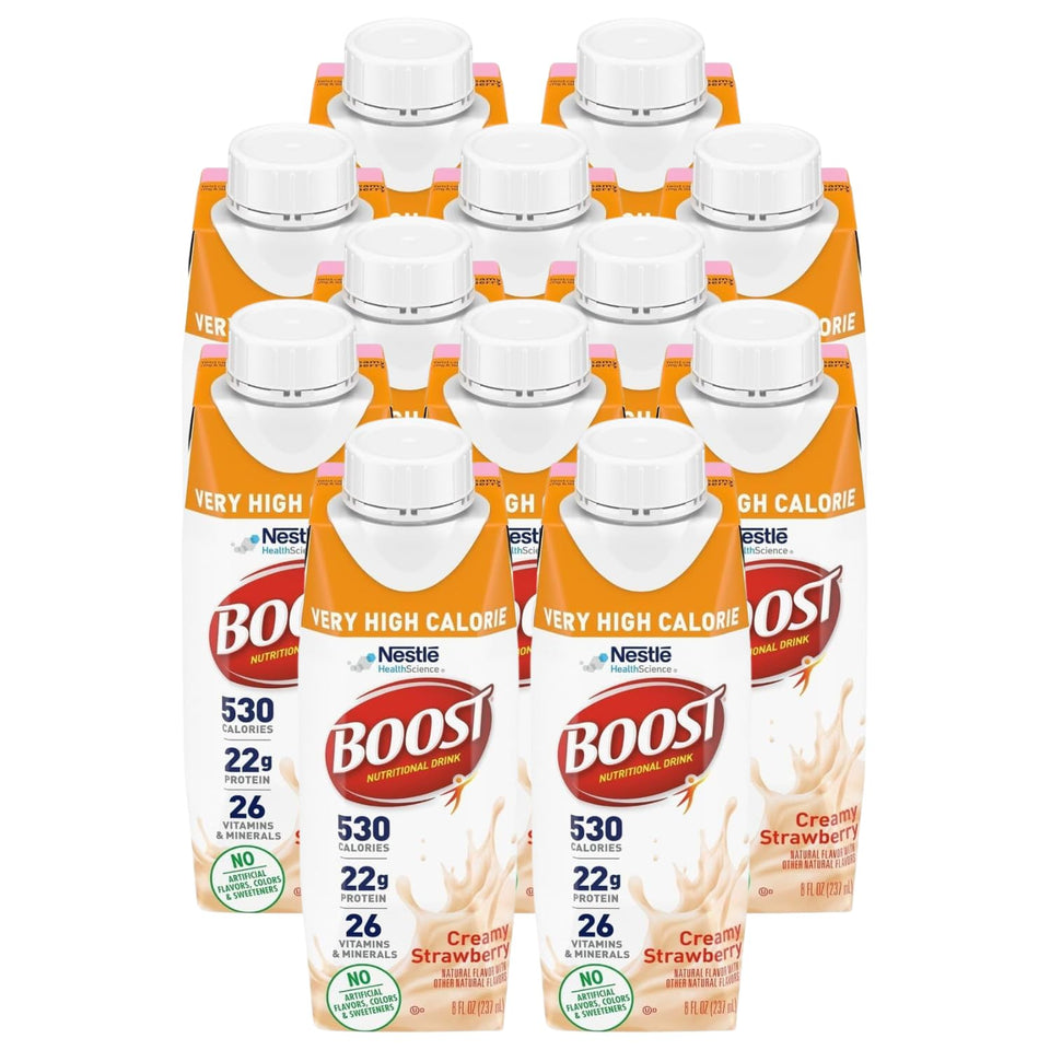 BOOST VHC creamy strawberry bottle showing energy of 530 calories per serving