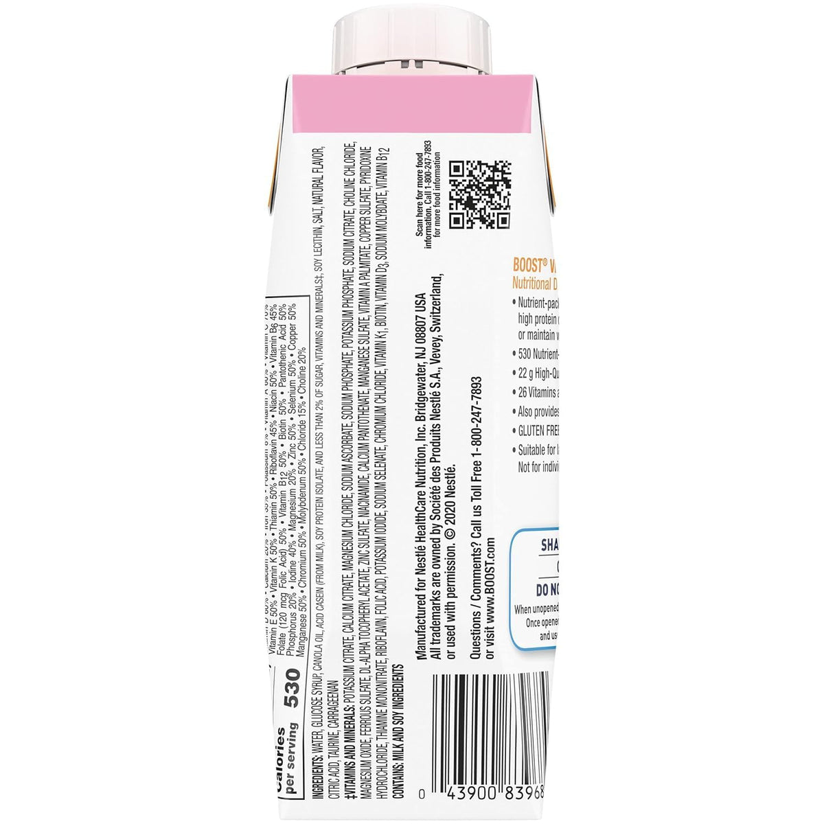 BOOST VHC nutrition facts label highlighting 22 g protein per serving