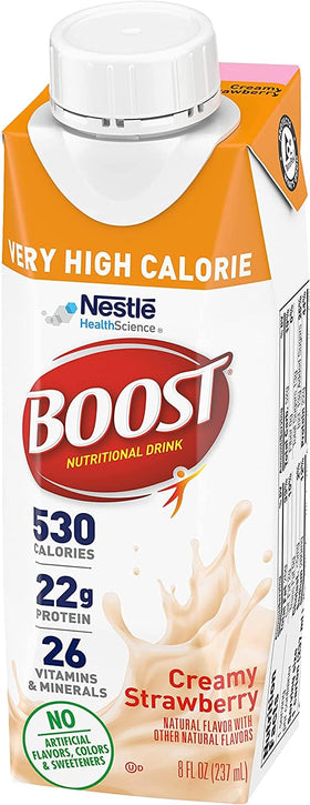 BOOST VHC Strawberry label highlights 530 calories and 22 g protein.