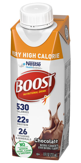 BOOST Very High Calorie Vanilla bottle-closeup emphasizes creamy mouthfeel and vanilla aroma.