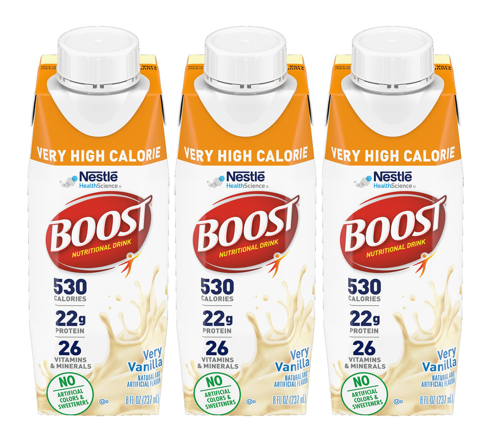 BOOST VHC vanilla bottle shown as a calorie dense energy option with protein support
