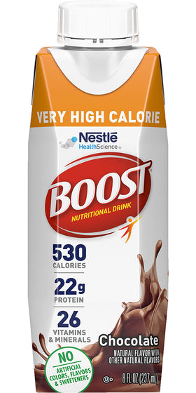 BOOST Very High Calorie Vanilla glass-serve reveals smooth texture and vanilla flavor.