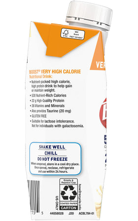 BOOST VHC Vanilla label close-up highlights calories and protein