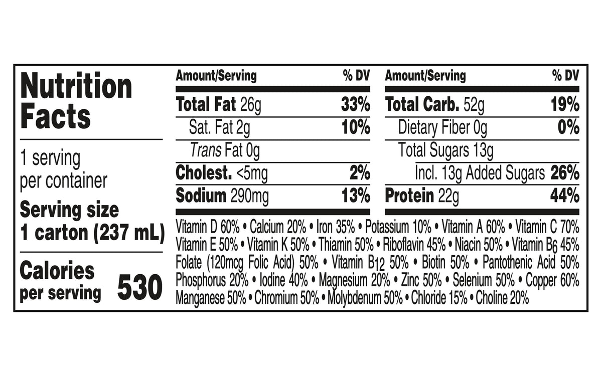 BOOST Very High Calorie Vanilla label-detail showcases nutrition per serving.