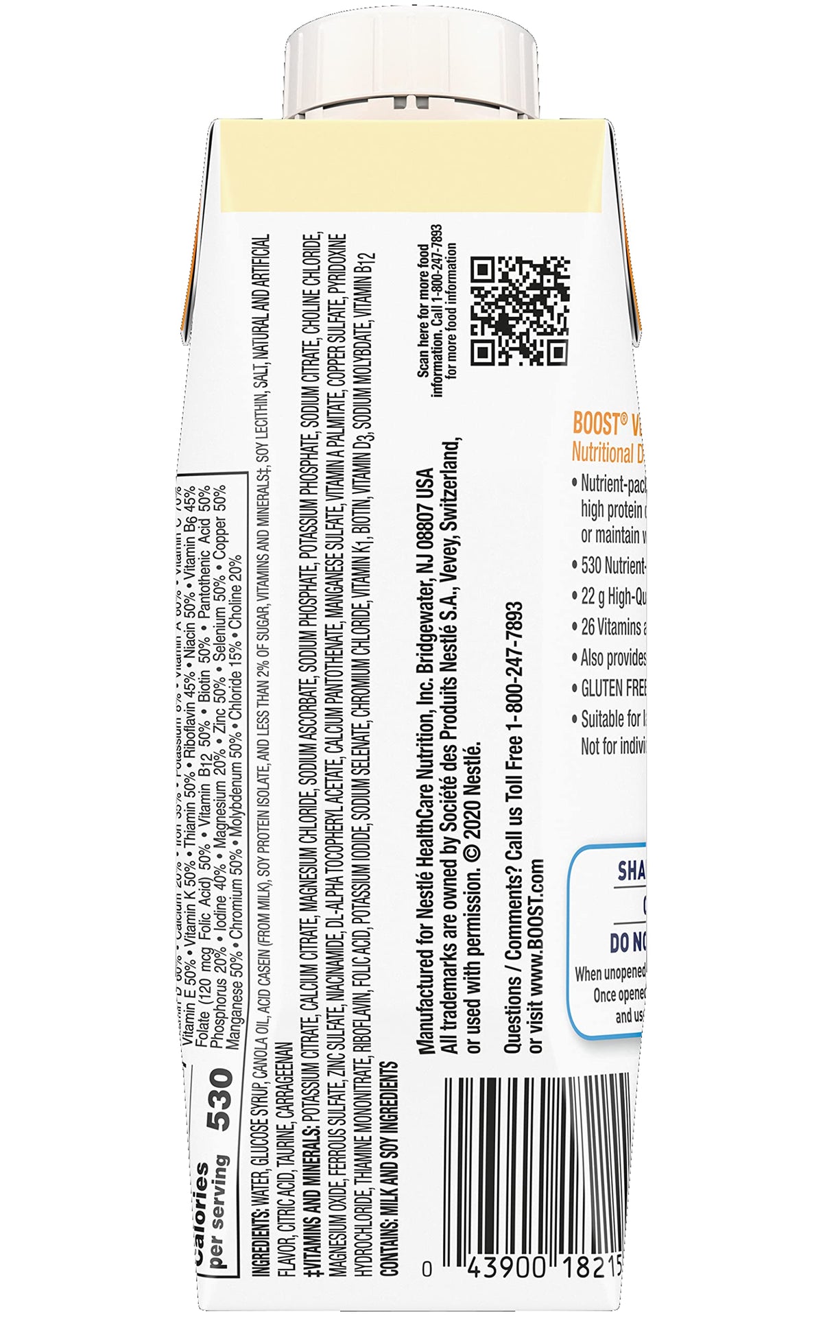 BOOST VHC Vanilla nutrition panel on box emphasizes 530 calories