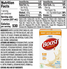 BOOST VHC Vanilla on-the-go bottle beside coffee for morning routine