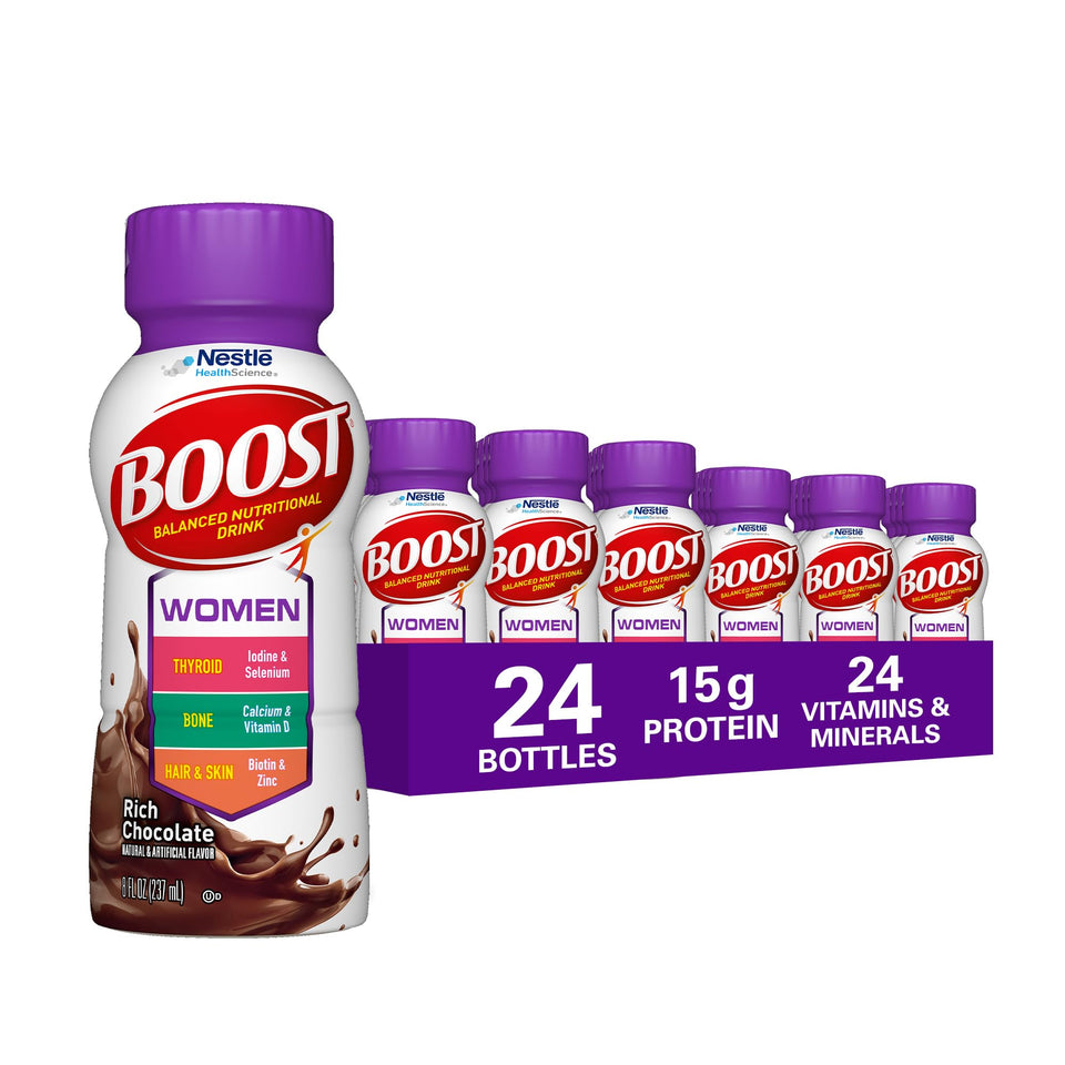 BOOST Women balanced nutritional drink bottle with rich chocolate flavor for daily nutrition.
