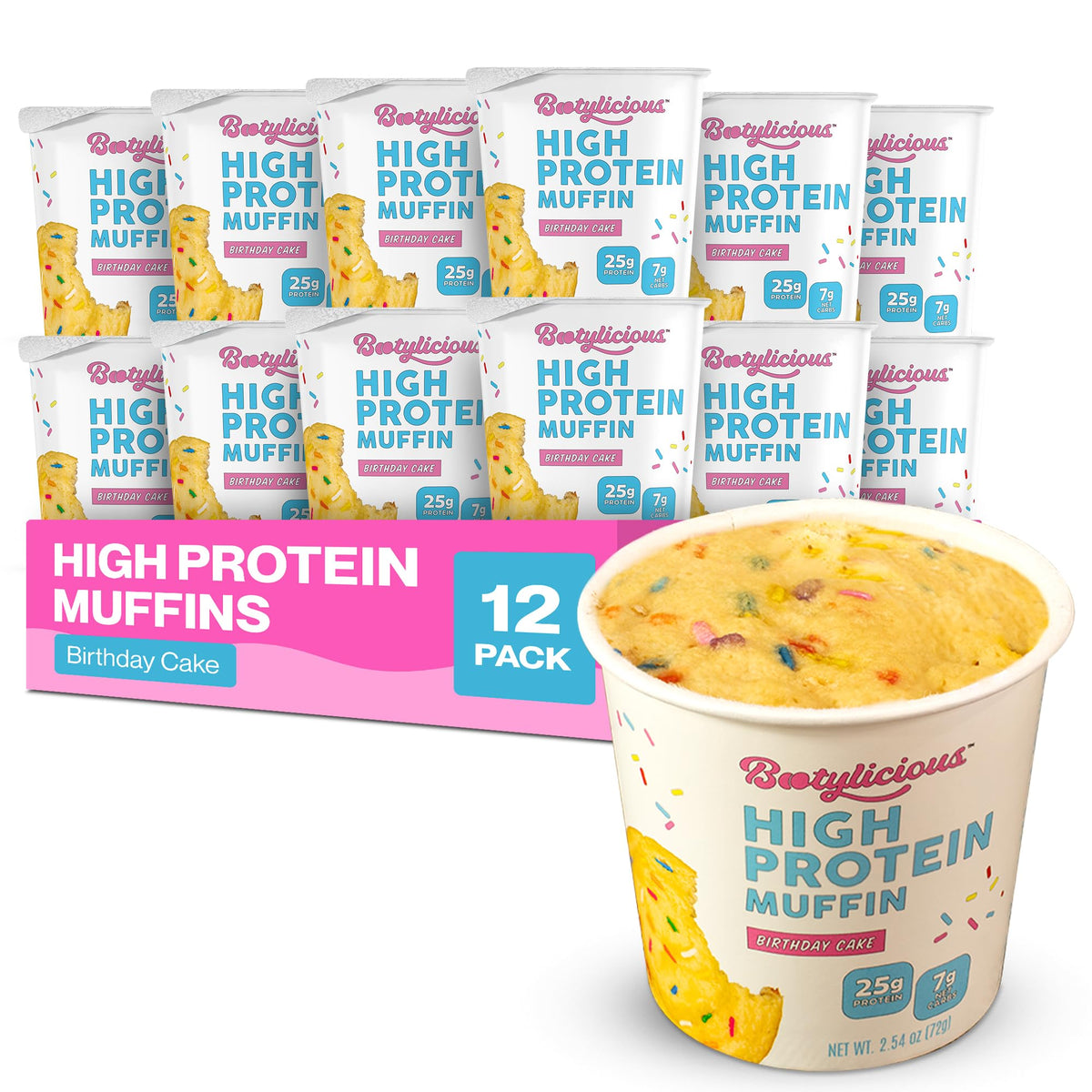 Bootylicious Birthday Cake muffin pack front view for high-protein breakfasts