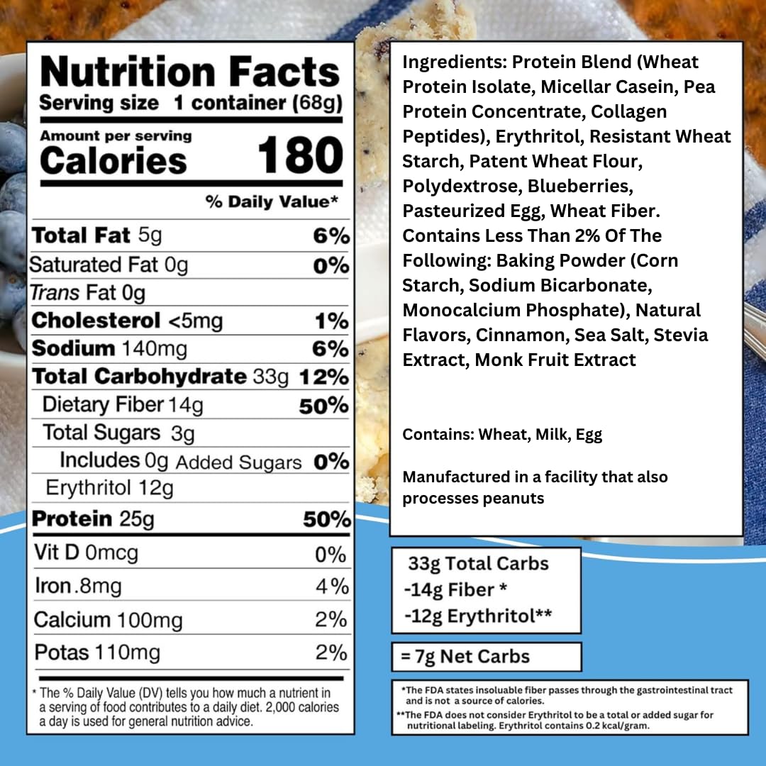 Dry mix in cup for Bootylicious Blueberry Muffin highlights 25g protein