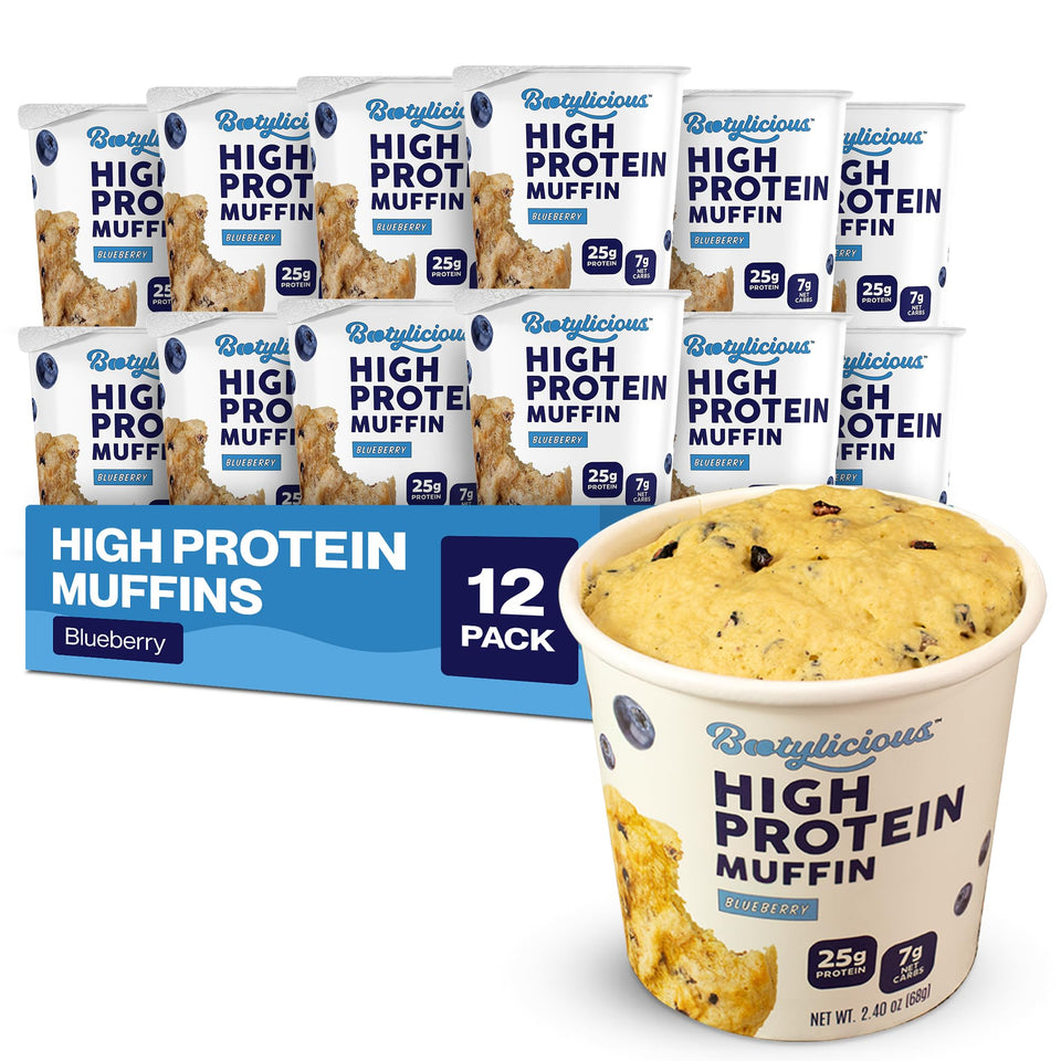Bootylicious Blueberry Muffin packaging shown as a protein-packed breakfast option