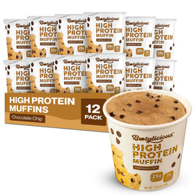 Bootylicious Chocolate Chip muffin cup with rich chips and high protein for indulgent snack.