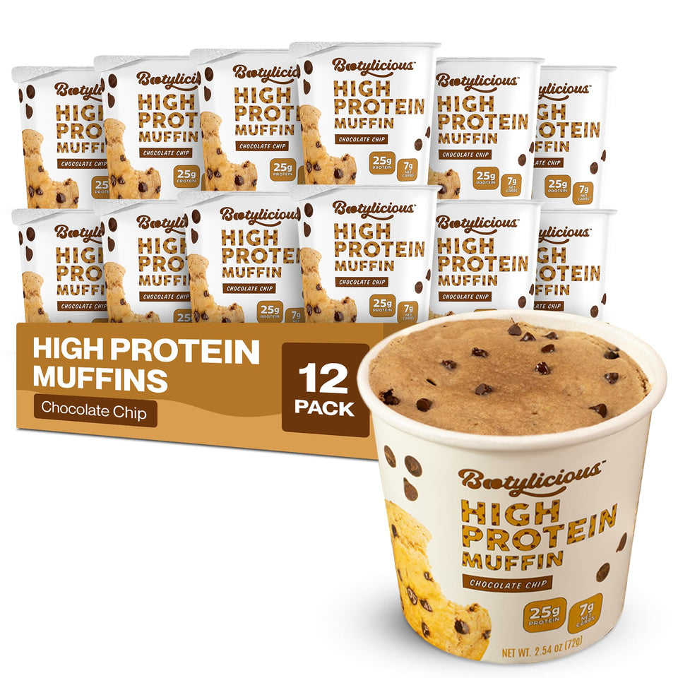 Bootylicious Chocolate Chip muffin cup with rich chips and high protein for indulgent snack.