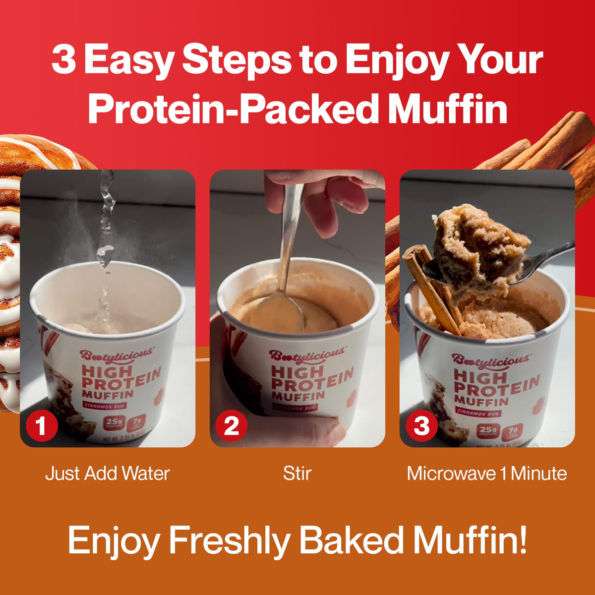 12-pack box of Bootylicious Cinnamon Bun muffins for convenient daily planning.