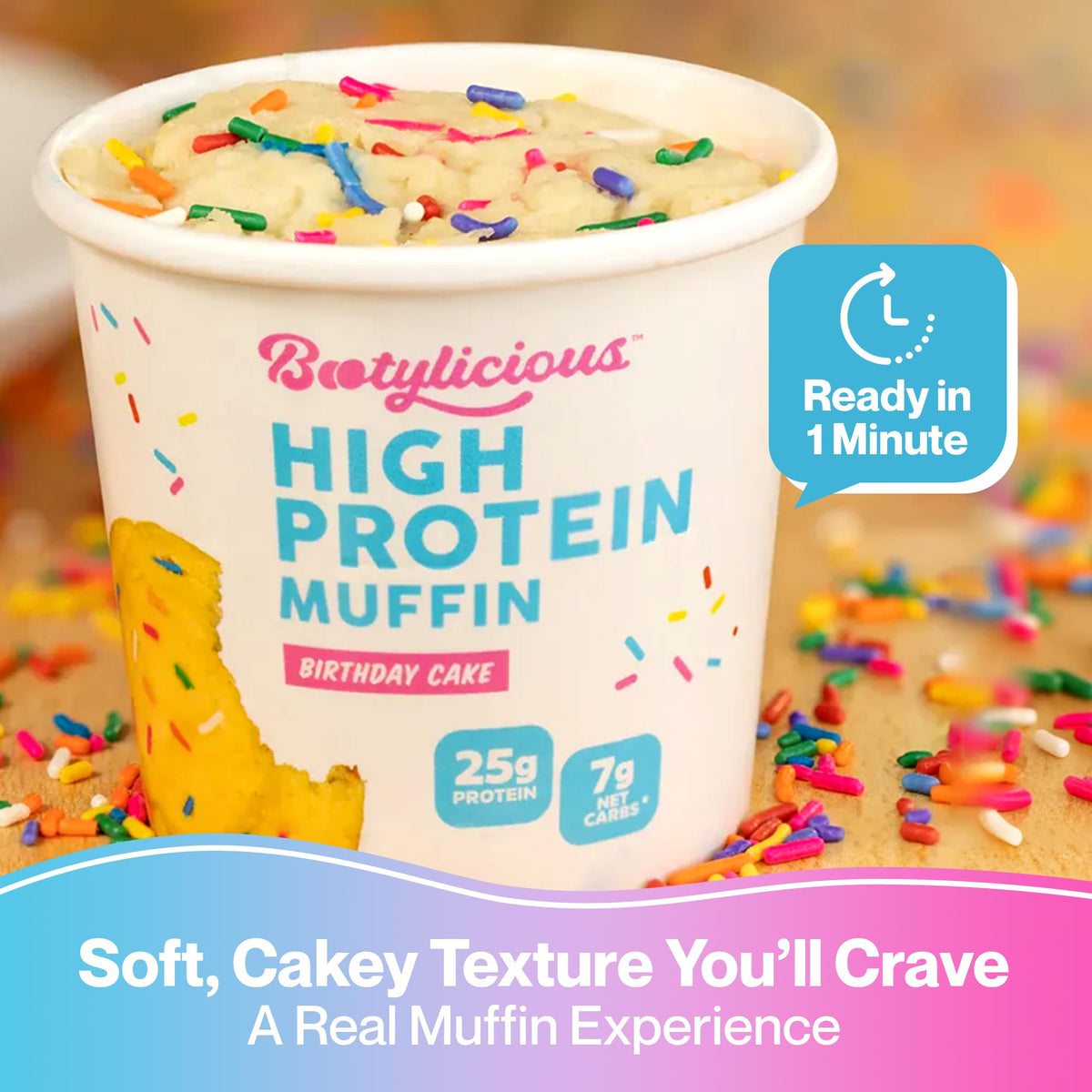 Bootylicious fiber content visual emphasizes 12-16g fiber per muffin.