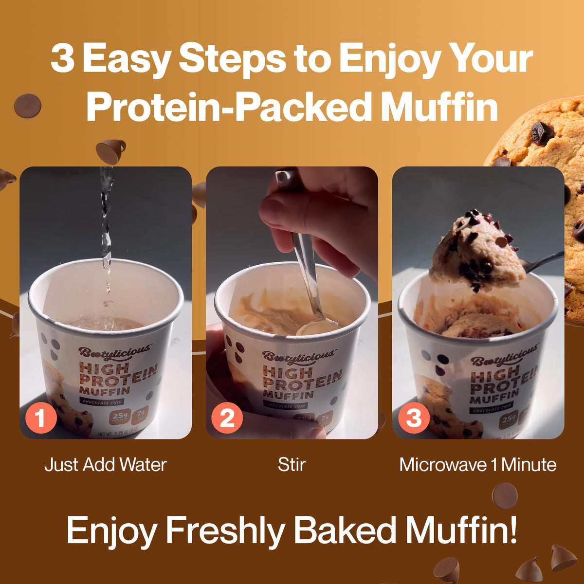 Bootylicious low-carb muffin cup shows 7g net carbs per serving.