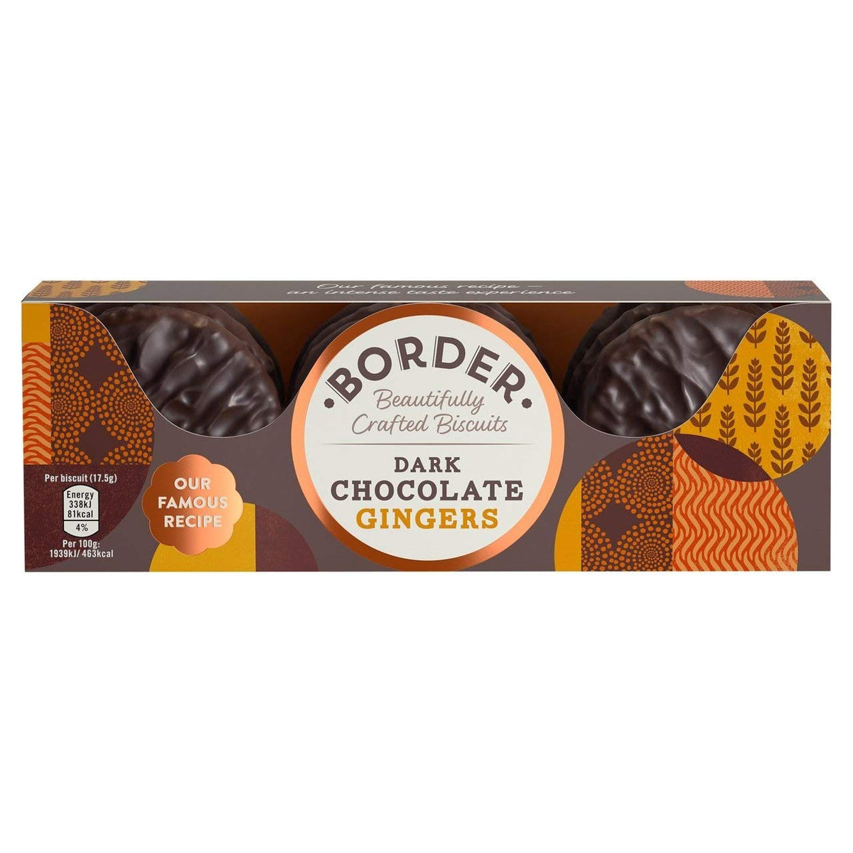 Border The Legendary Dark Chocolate Ginger biscuits in a six-pack, ideal for tea-time sharing or gifting