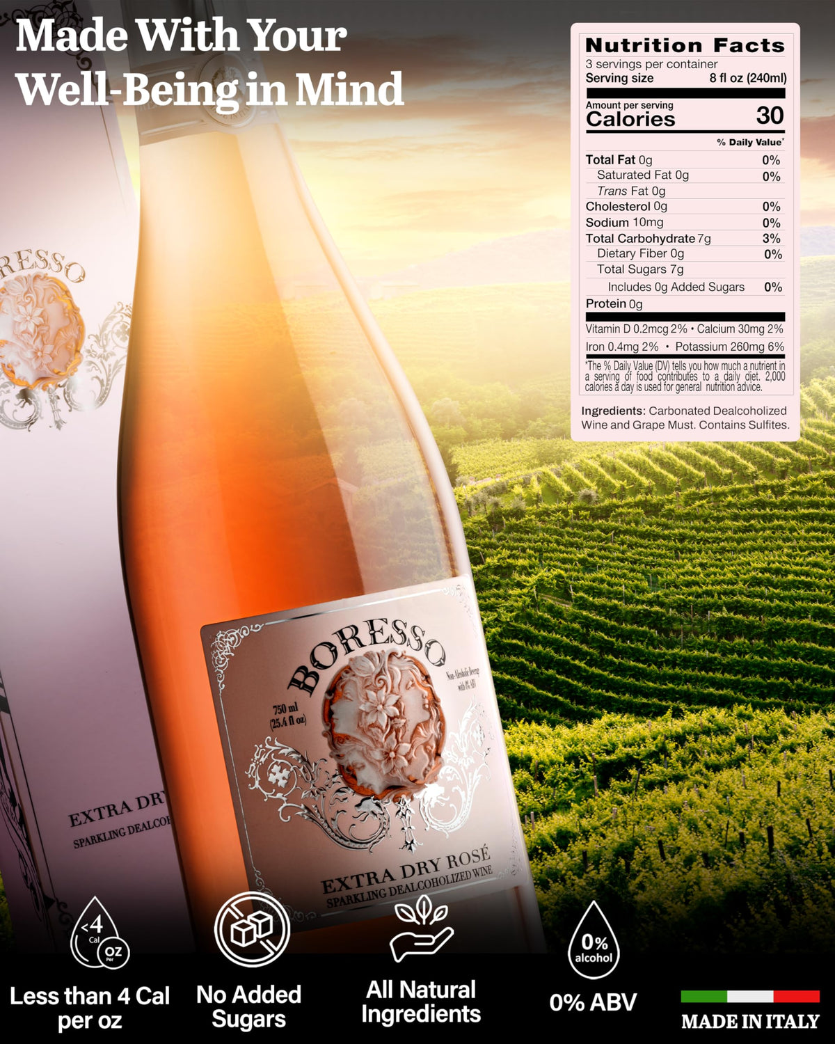 Boresso Extra Dry pour into glass showing fine bubbles, great for toasts