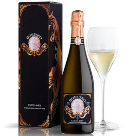 BORESSSO Extra Dry bottle in an elegant gift box, ideal for celebrations.