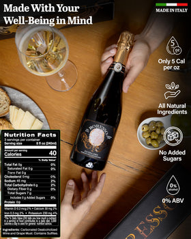 BORESSSO non-alcoholic sparkling wine being poured into a glass.