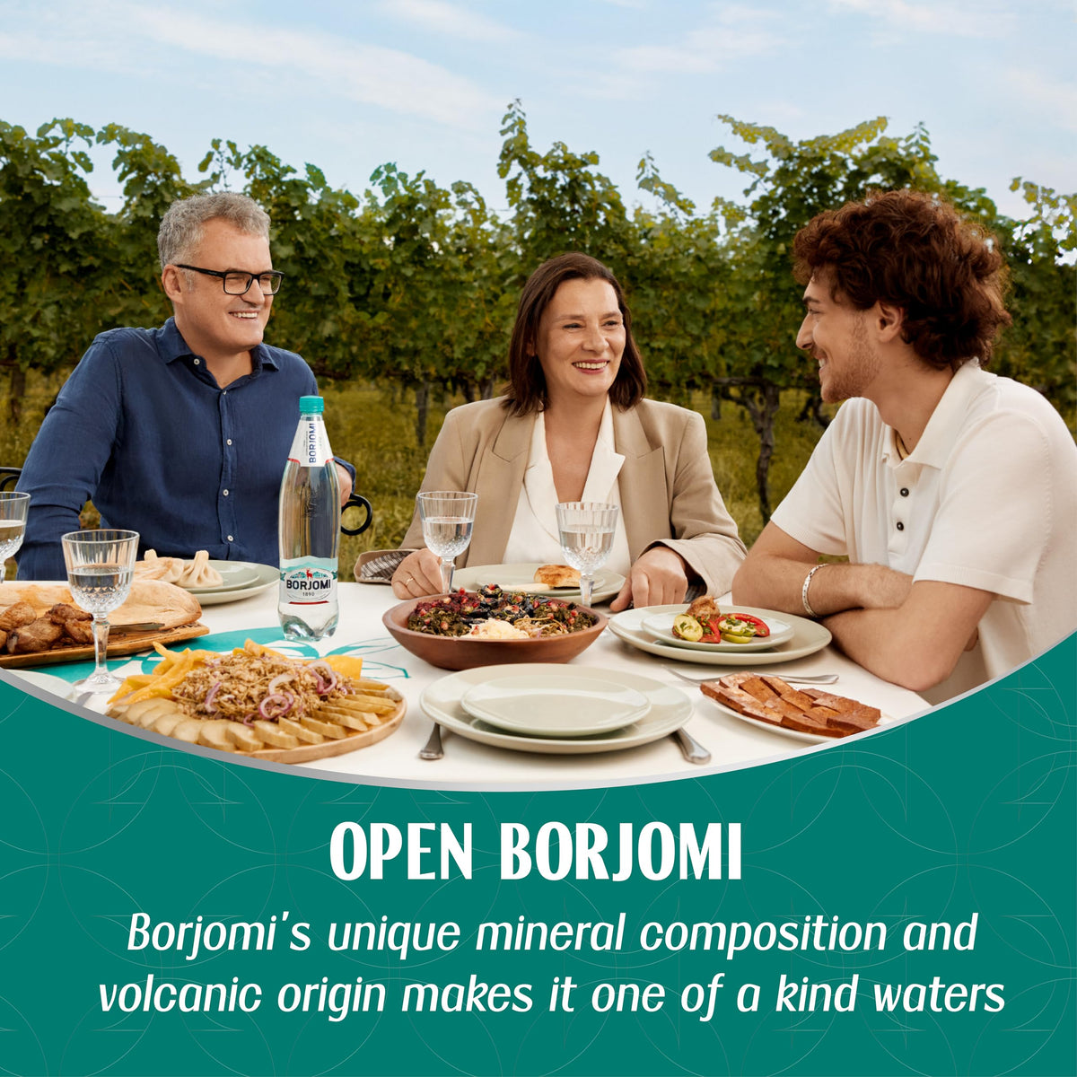 BORJOMI georgia springs origin photo suggests volcanic, pure mineral sourcing.