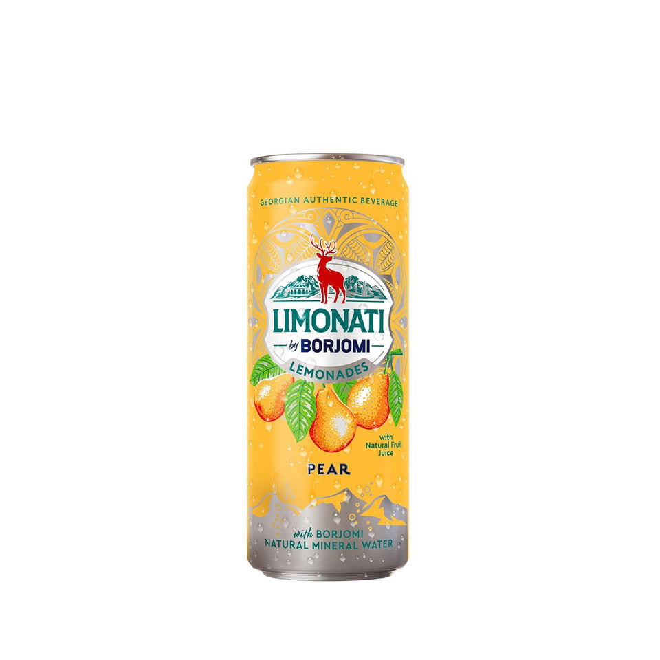 Borjomi Limonati pear lemonade bottle, refreshing hydration with natural minerals.