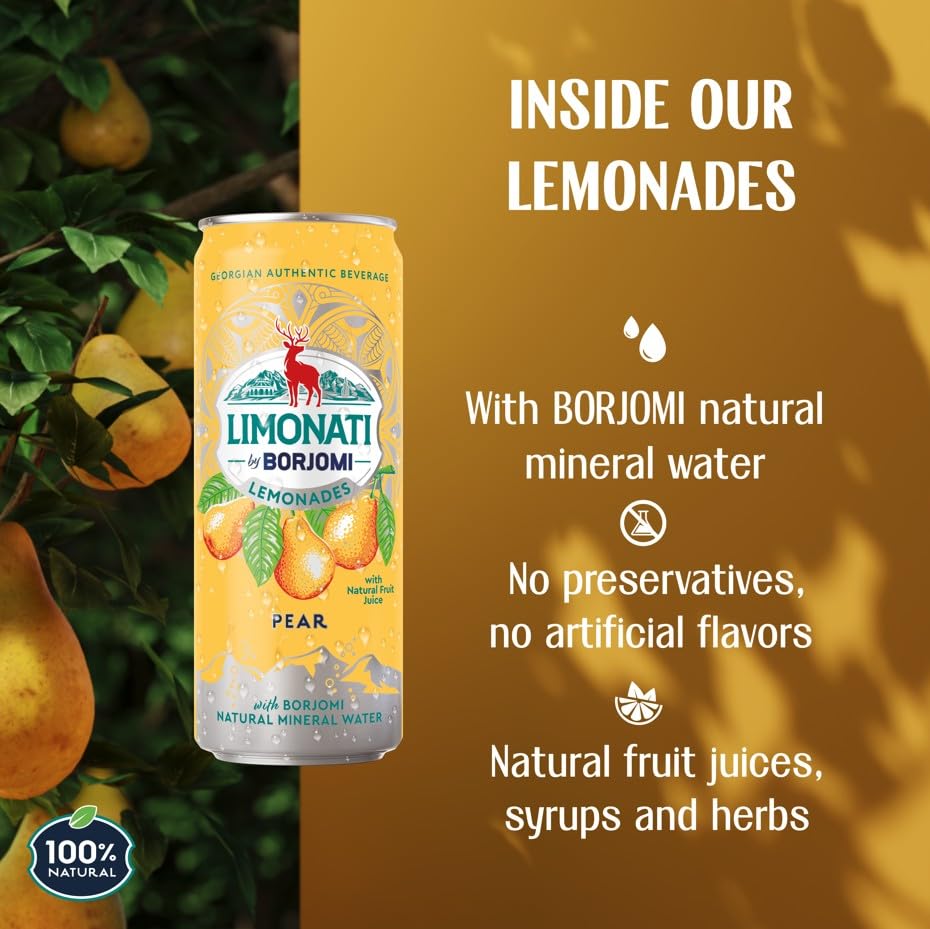Borjomi Limonati pear lemonade ingredients label, natural fruit juice for bright flavor.