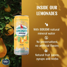 Borjomi Limonati pear lemonade ingredients label, natural fruit juice for bright flavor.