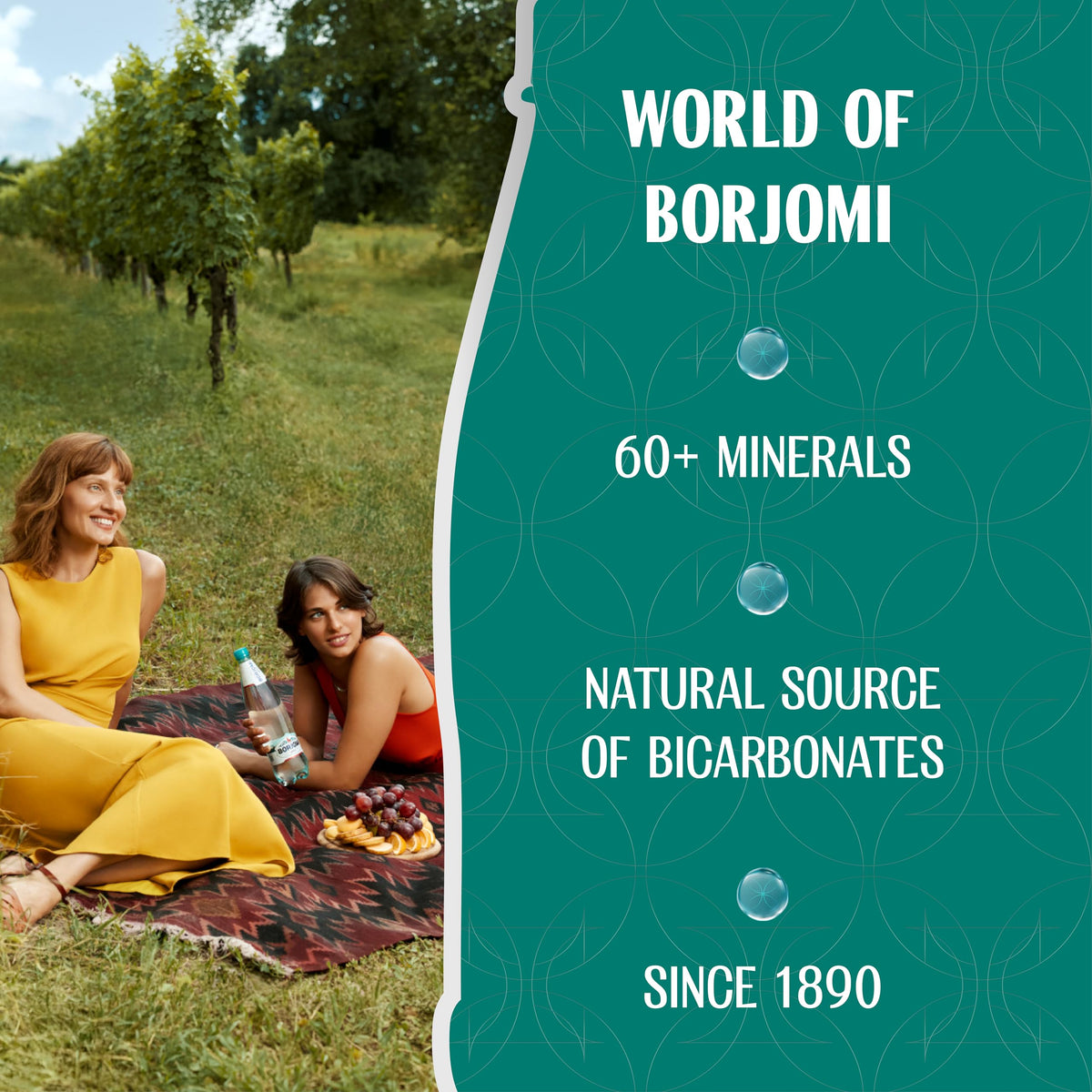 BORJOMI mineral-rich content label highlights calcium, magnesium, potassium.