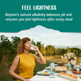 BORJOMI PET bottle display highlights eco-friendly packaging.