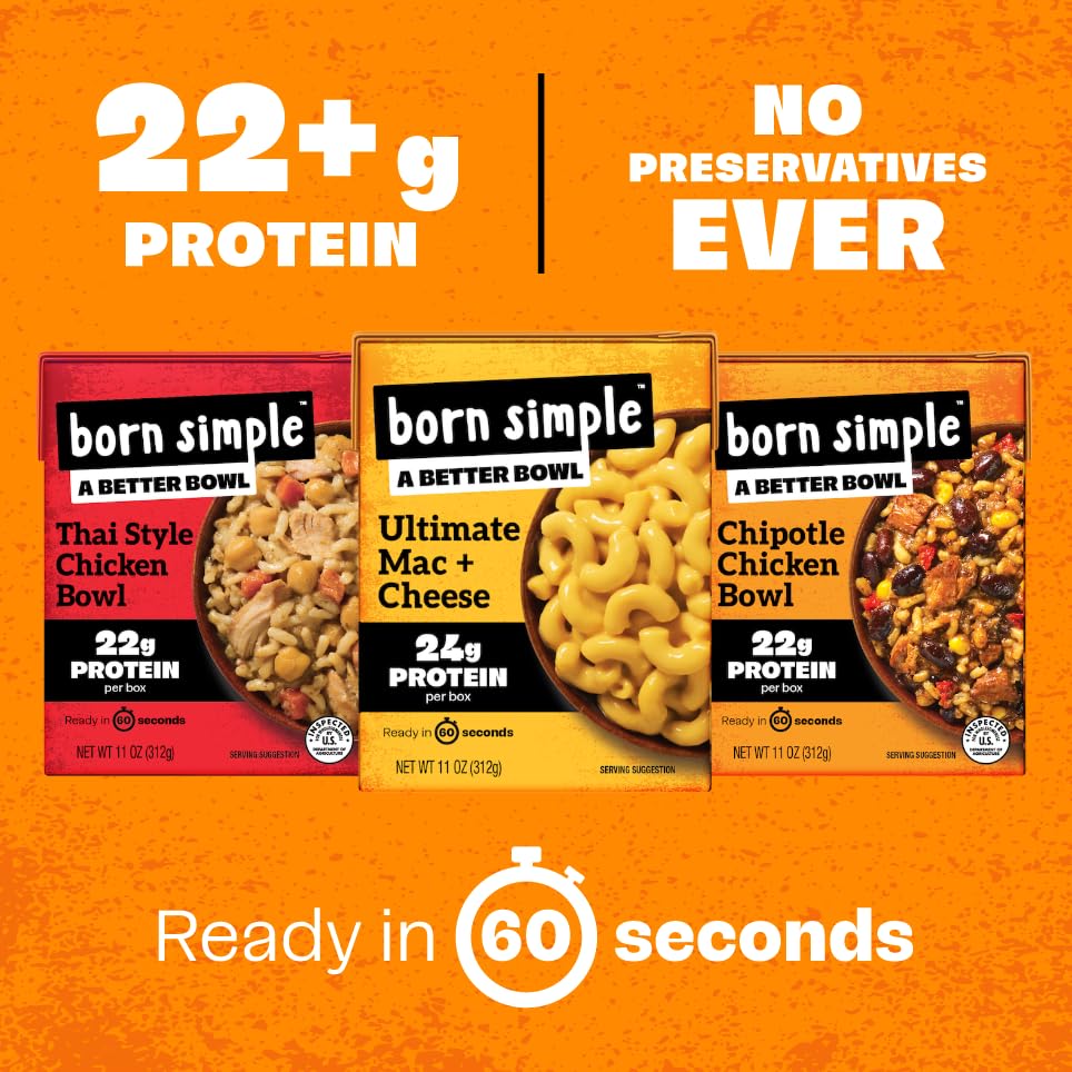 Born Simple high-protein ready-to-eat meal label visible.
