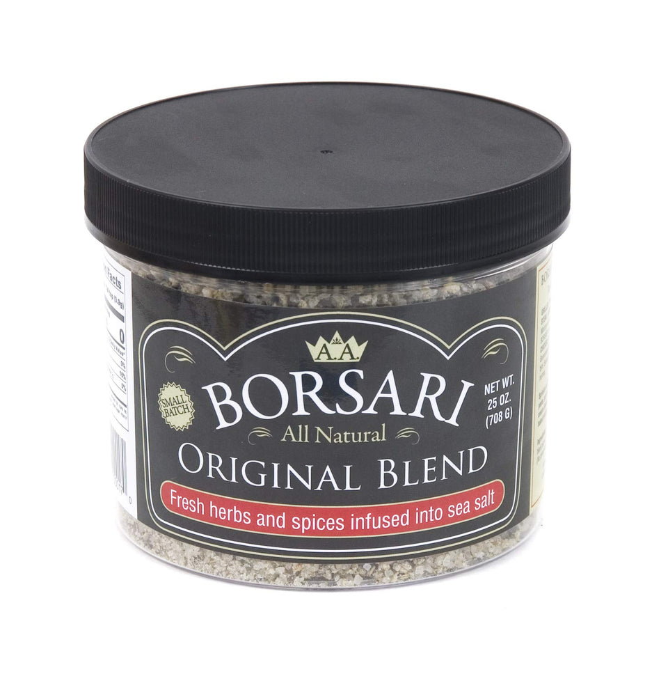 Borsari Original Seasoning Salt bottle front with natural Italian herbs.