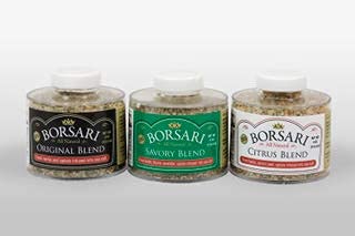 Borsari Citrus Seasoned Salt bottle with herbs, ideal for seafood and vegetables.