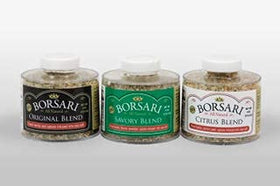 Borsari Citrus Seasoned Salt bottle with herbs, ideal for seafood and vegetables.