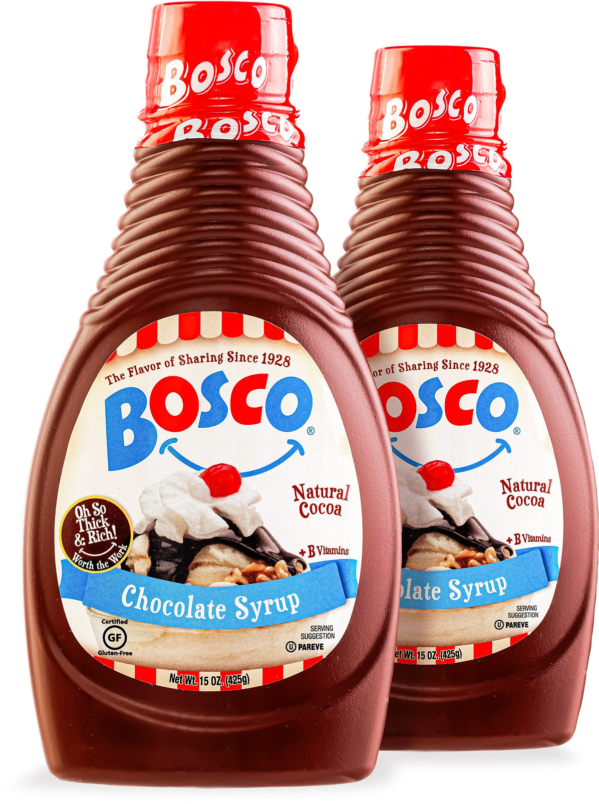 Bosco Chocolate Syrup 2-Pack bottle showcases natural cocoa and gluten-free goodness for desserts.