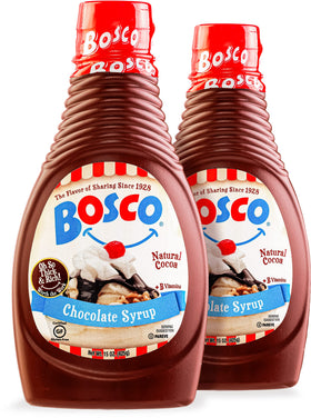 Bosco Chocolate Syrup 2-Pack bottle showcases natural cocoa and gluten-free goodness for desserts.