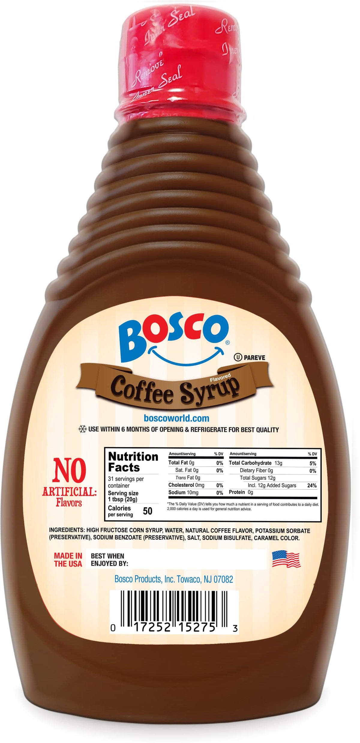 Bosco Coffee Syrup 2-pack closeup highlights convenient bottles for easy at-home use.